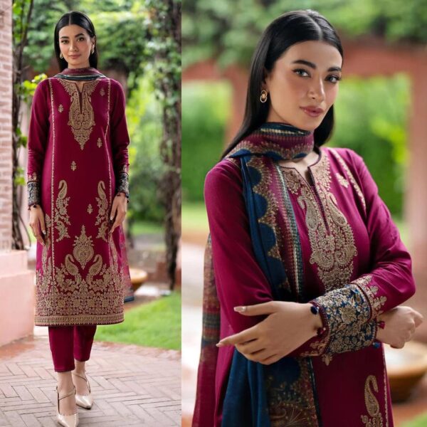 Exquisite Pink Embroidered Suit Set – 3-Piece Dhanak Fabric with Digital Print Dupatta