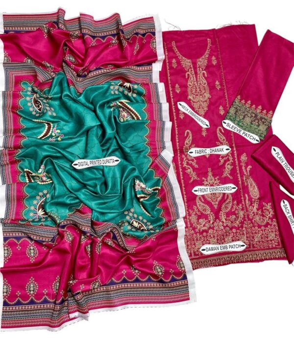 Exquisite Pink Embroidered Suit Set – 3-Piece Dhanak Fabric with Digital Print Dupatta - Image 2