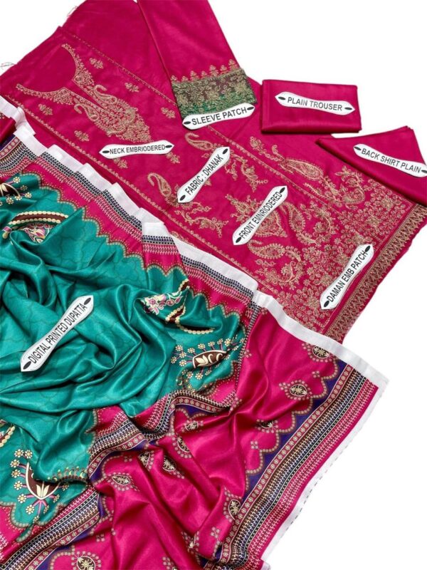 Exquisite Pink Embroidered Suit Set – 3-Piece Dhanak Fabric with Digital Print Dupatta - Image 3