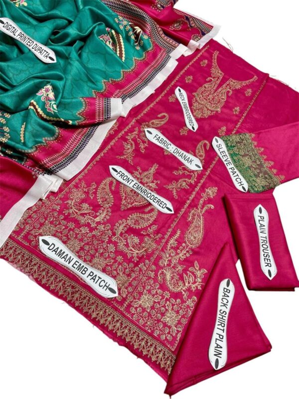 Exquisite Pink Embroidered Suit Set – 3-Piece Dhanak Fabric with Digital Print Dupatta - Image 4