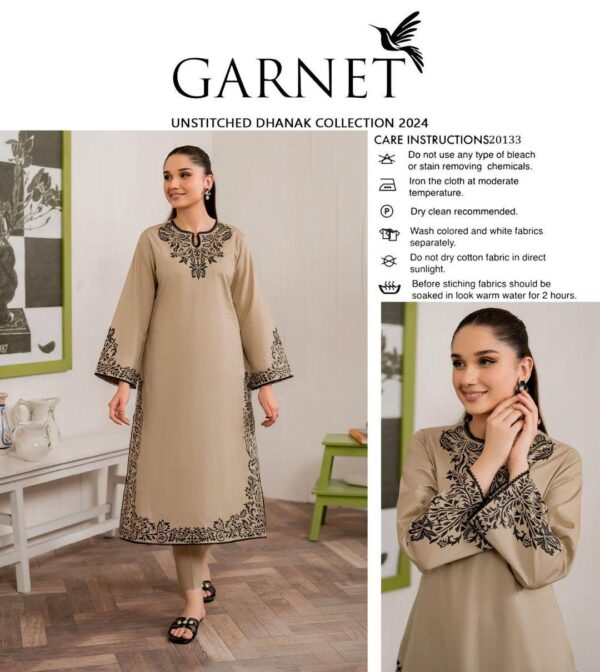 Graceful Beige and Black Embroidered Unstitched Dhanak Suit - Garnet 2024 Collection